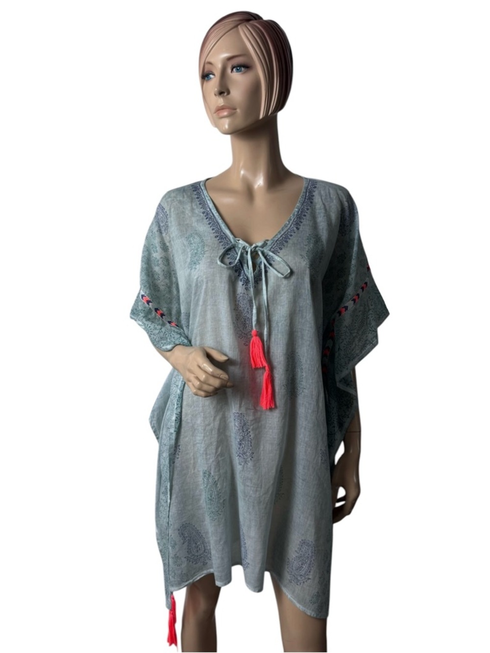 Z&L Made With Love Boho Kaftan Tunic Tassel Paisley One Size Blue
